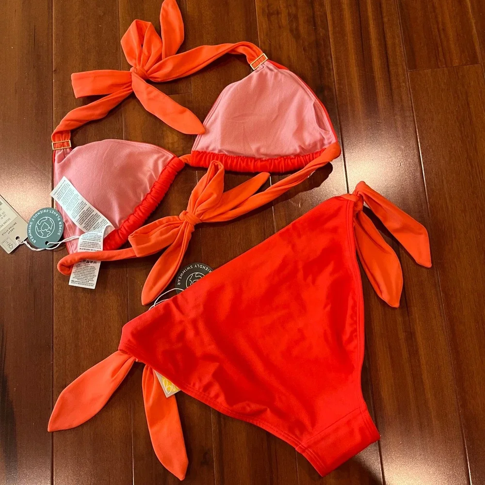 Boden Bikini Set Red Orange Triangle Halter‎ Side Tie Bottom Swim New Size 6